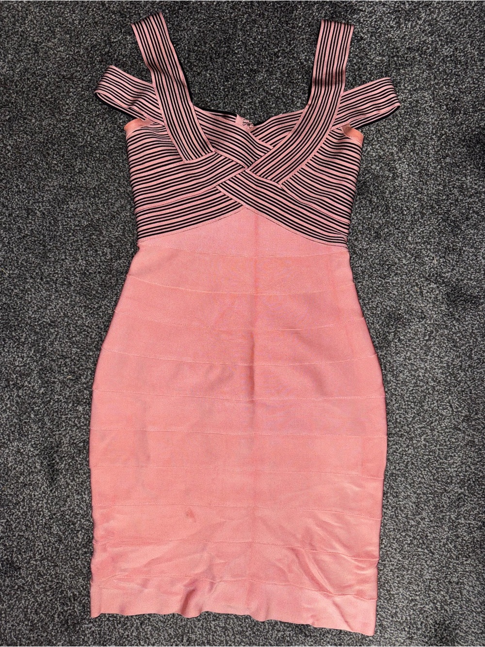 Herve Leger Pink & Black Striped Bandage Dress